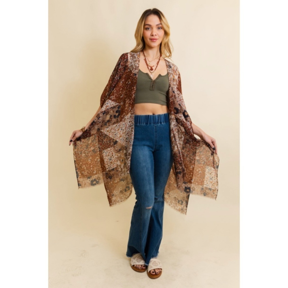 Brown Bohemian Floral Fantasy Print Lightweight Casual Kimono